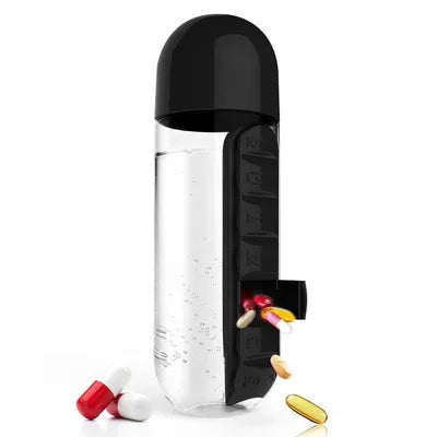 Portable Water Bottle with Built-in Pill Box